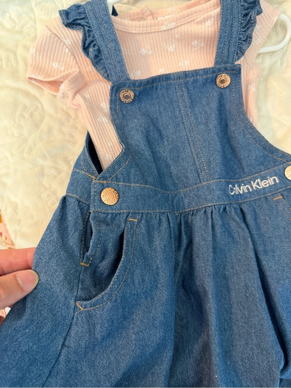 Calvin Klein Blue Denim Pinafore with Pink Floral Bodysuit 18M